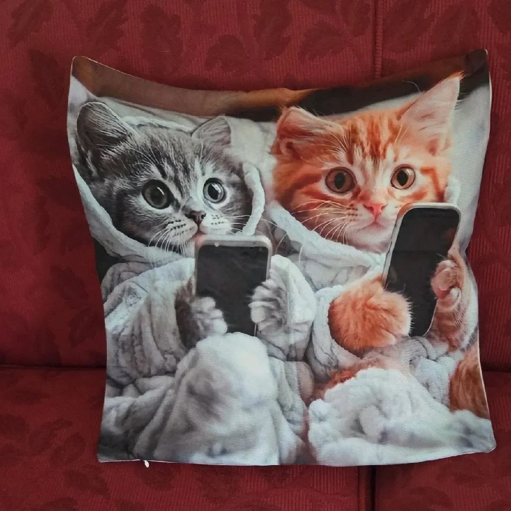 Cozy Cat Pillow Cover with Kittens in Robes
